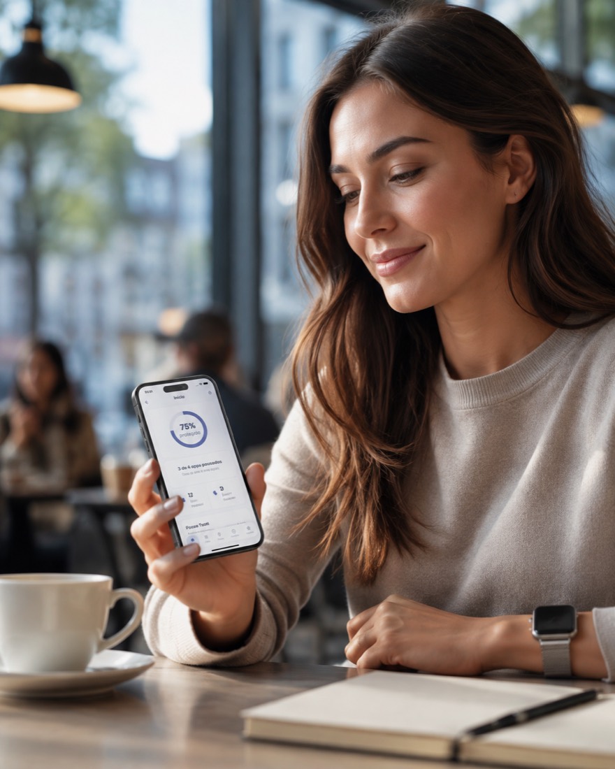 Pessoa usando o Casulo no celular com o Apple Watch no pulso