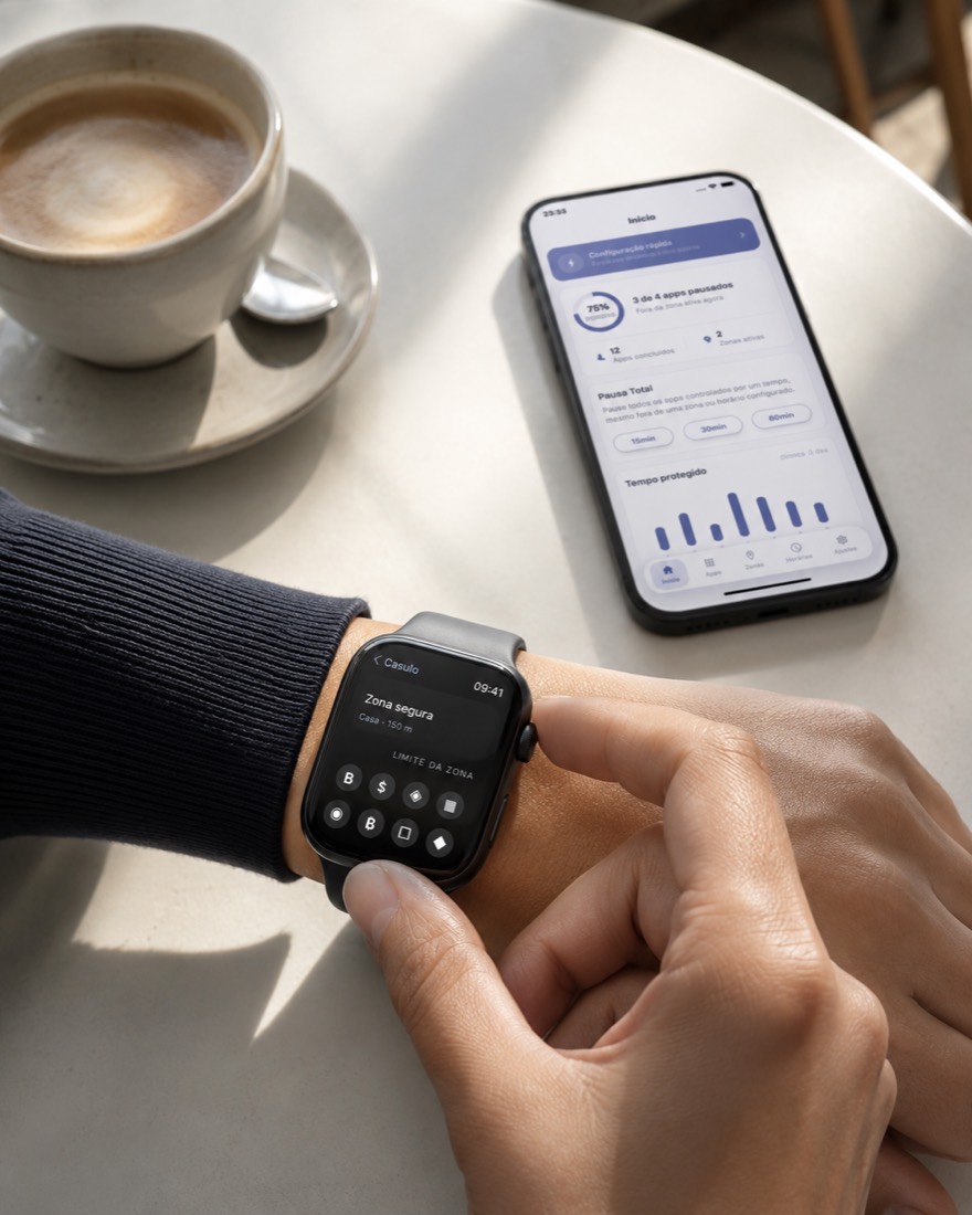 Apple Watch mostrando a zona segura do Casulo, ao lado do iPhone